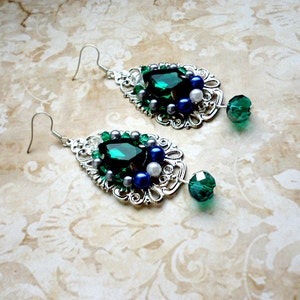 Baroque Emerald Crystals Filigree earrings handmade vintage long earrings Renaissance earrings earrings gift Green crystal earrings image 3