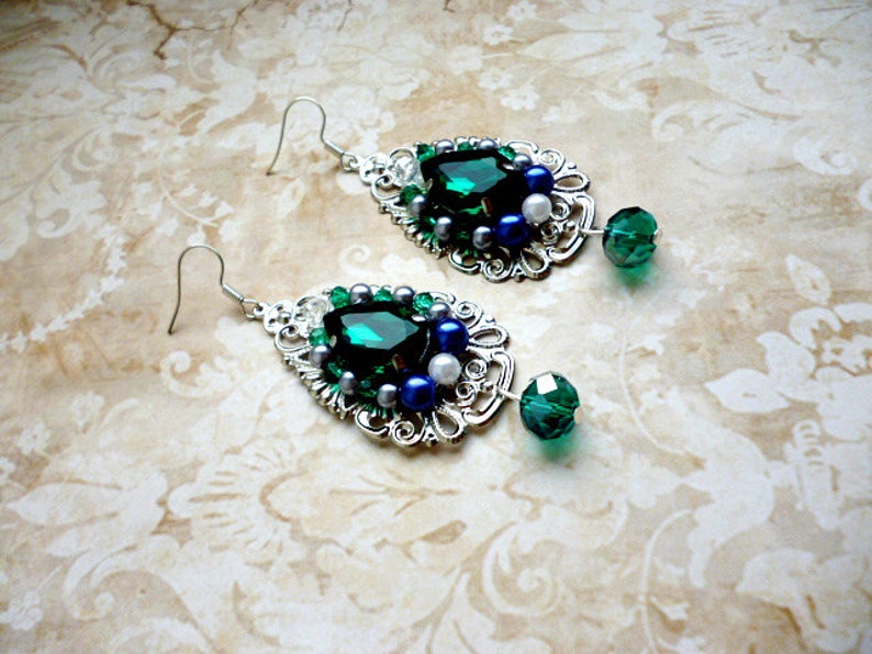 Baroque Emerald Crystals Filigree earrings handmade vintage long earrings Renaissance earrings earrings gift Green crystal earrings image 3