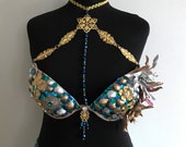 Halloween Mermaid Bra Top Shell Goddess Aquamarine Gold Crown