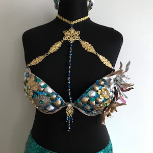 Halloween Mermaid Bra Top Shell Goddess Aquamarine gold Crown sequins Dance seashell Raw Wedding Tiara costume Sea Emerald crystal fashion