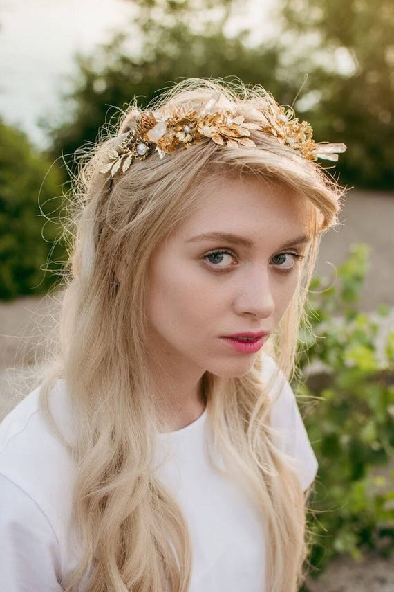 Wedding Tiara Crown Gold Leaves Mountain Crystal White Bridal Etsy
