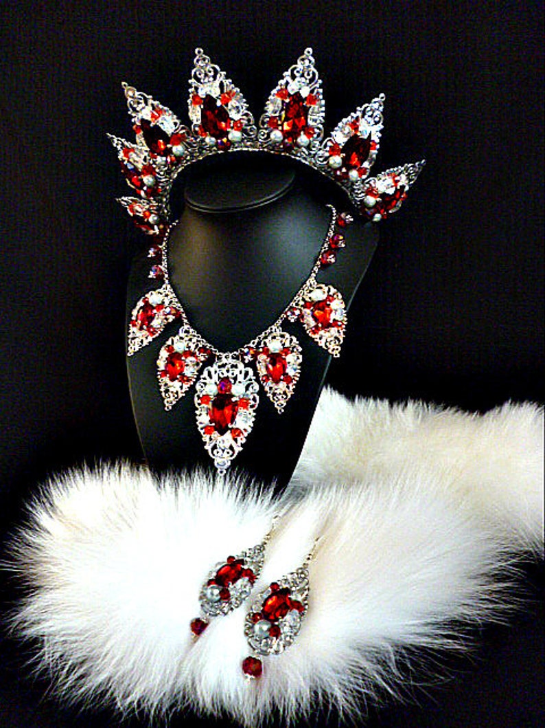 Silver Red Siam Tiara Crown and earrings Necklace Jewelry Baroque Halloween Wedding Bridal Set Gift For Wife Birthday Party dancer headdress image 2