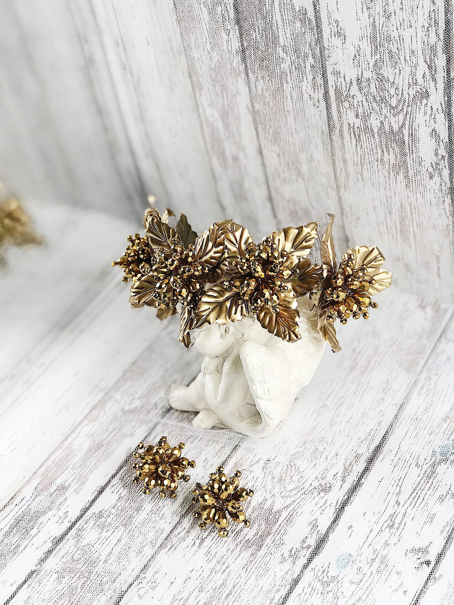 Gold Crystal Gold Metal Flower Crown Bridal Leaf Tiara Wedding Etsy