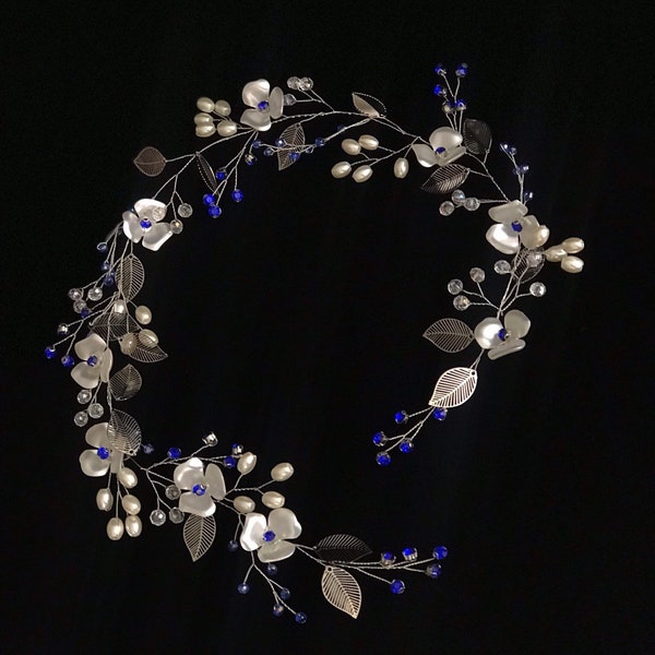 Sapphire Bridal Flower Pearl Hair Vine Wedding White Floral Crystal Wedding headpiece Bridal hair piece Silver Metal Leaves Vine  halo garla