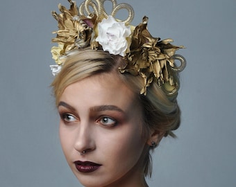 Gold flowers crown Golden fashion wedding hair accessories Bridal headpiece Festival headband golden handband white pageant handband gift