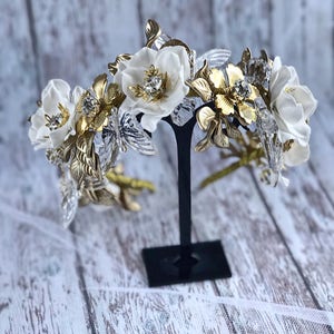 Flower 2024 gifts Wedding Crown Tiara Headband Gold Leaves White Floral Rhinestones replica Bridal Floral Rustic Bohemian pagan jewelry image 6