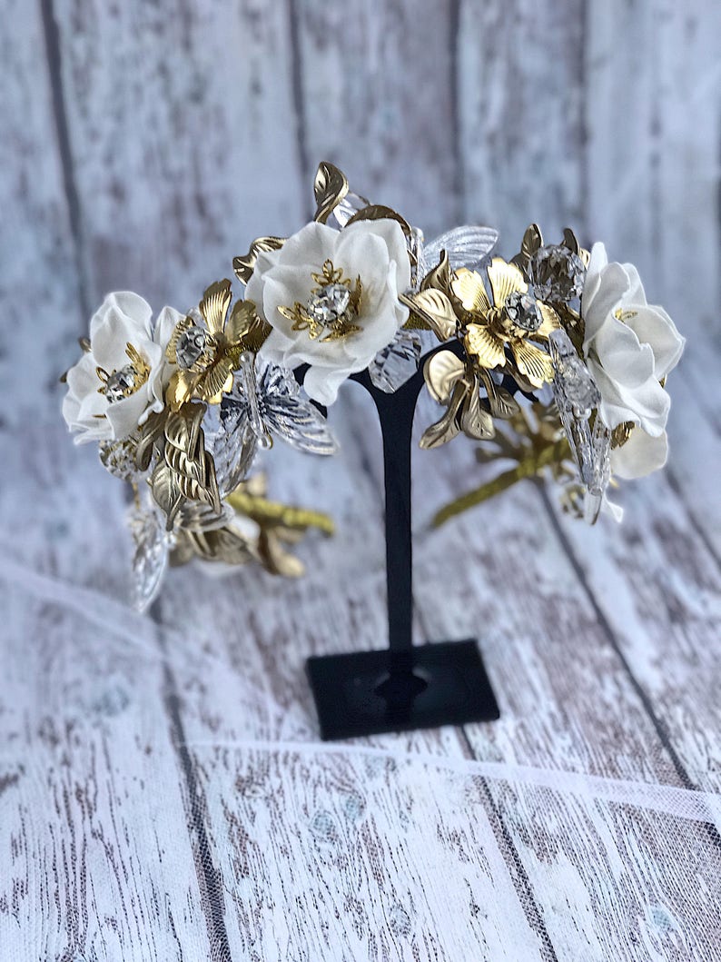 Flower 2024 gifts Wedding Crown Tiara Headband Gold Leaves White Floral Rhinestones replica Bridal Floral Rustic Bohemian pagan jewelry image 6