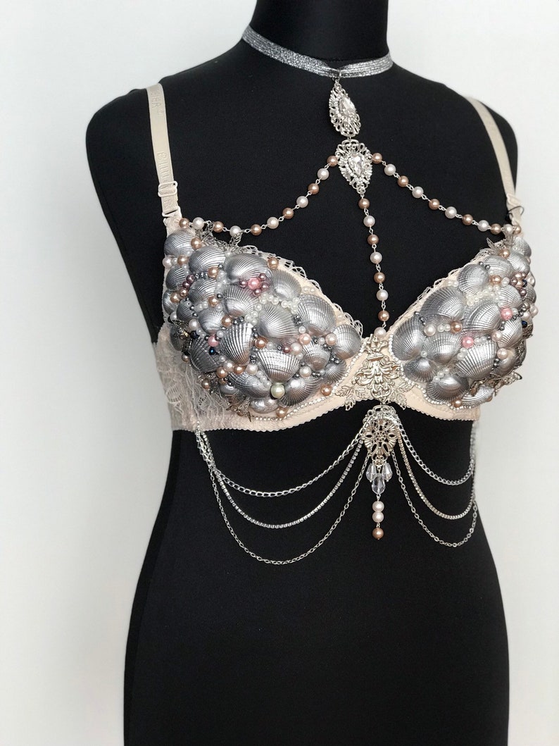 Mermaid Bra Shell Silver Nude Dance seashell Raw Wedding Tiara top costume Sea Bridal Beach Victoria/'s Secret Fashion Show invitation Beige