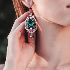 Baroque Emerald Crystals Filigree earrings handmade vintage long earrings Renaissance earrings earrings gift Green crystal earrings image 1