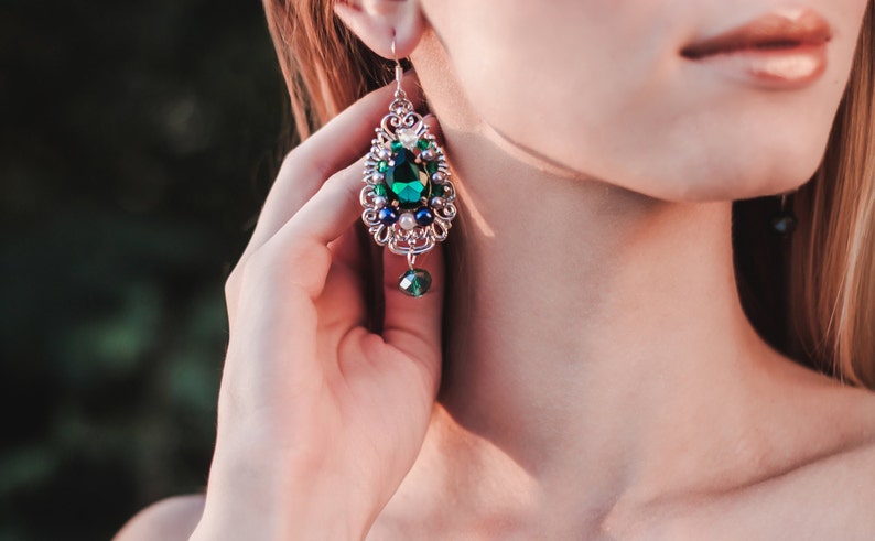Baroque Emerald Crystals Filigree earrings handmade vintage long earrings Renaissance earrings earrings gift Green crystal earrings image 1