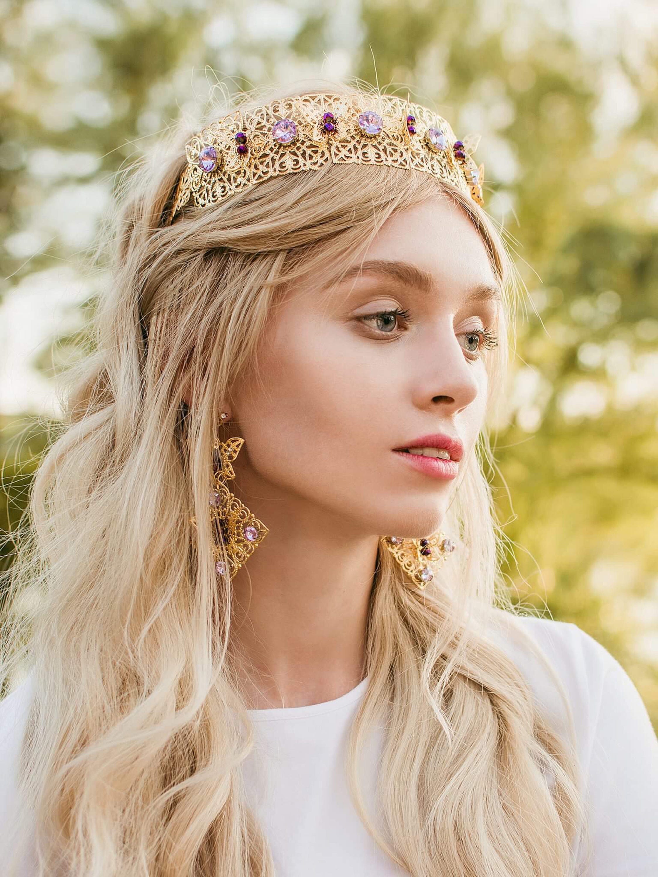 Lilac Wedding Crown Bridal Gold Filigree Tiara Swarovski