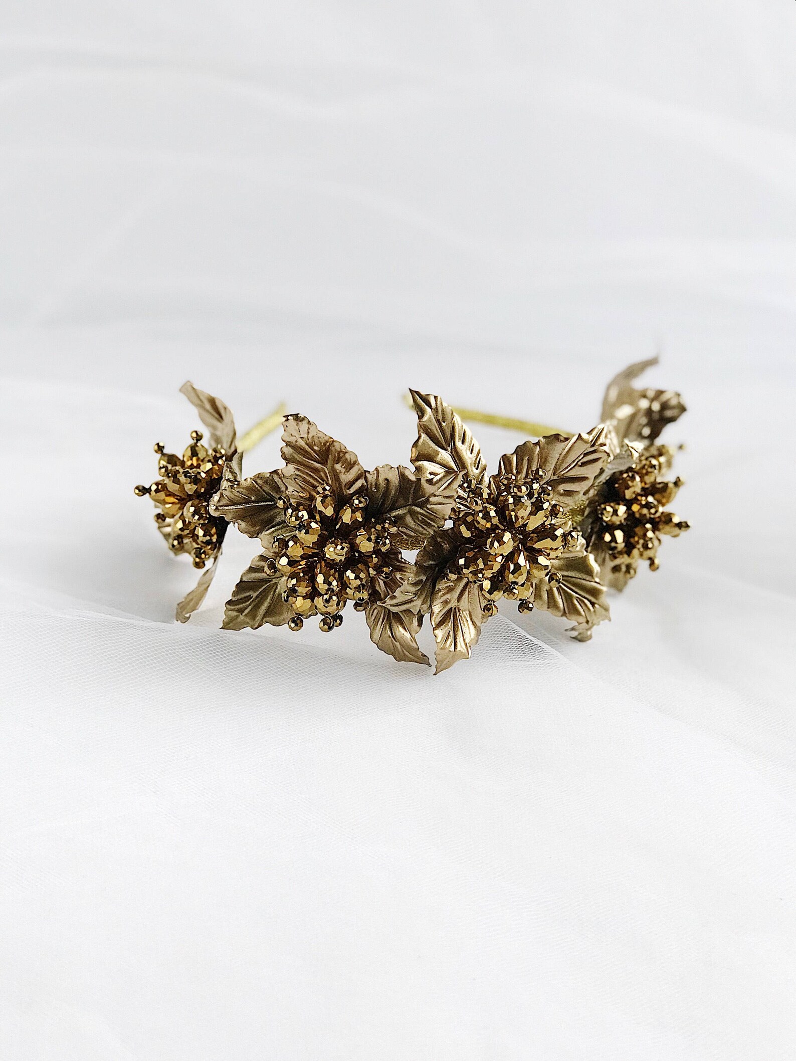 Gold Crystal Gold Metal Flower Crown Bridal Leaf Tiara Wedding Etsy