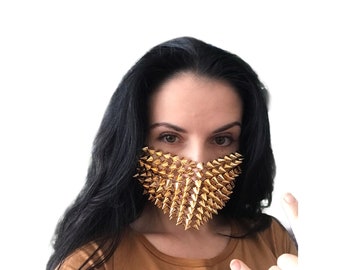 Rave Slay Máscara facial Gold Spikes Festival Burning Man Facemask Máscara bucal Halloween Steampunk Goth Half Mask Rider Mask Festival