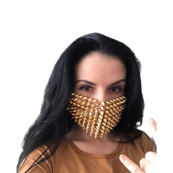 Rave Slay Face mask Gold Spikes Festival Burning Man Facemask Mouth Mask Halloween Steampunk Goth Half Mask Rider Mask Festival