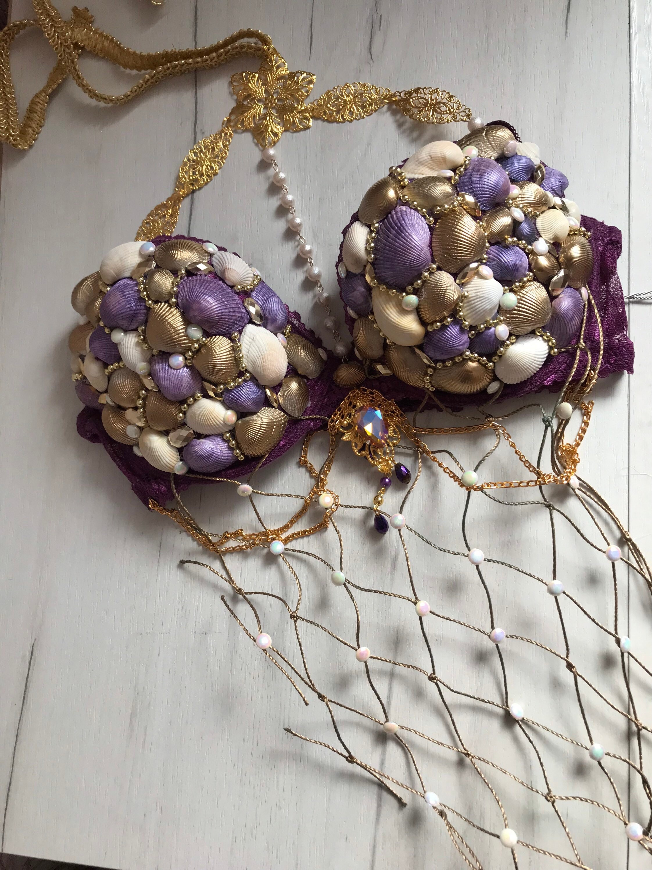 Mermaid Bra Siren Seashell Top Shell Gold Purple Dance Fishnet