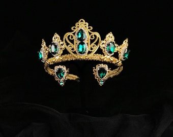 Gold Emerald crown earrings jewelry set custom