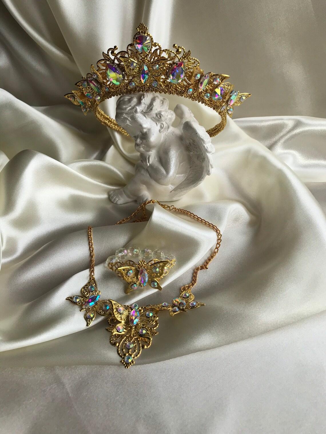 Sweet 16 Crown Tiara Gold Rainbow Jewelry Set Crystal