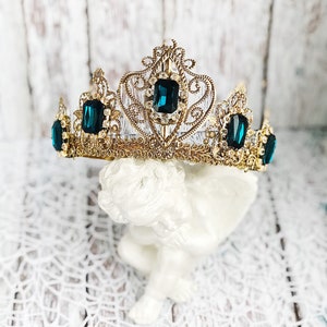 Tiara Headband Crown Bridal Wedding Gold Deep Blue Tiaras for Wedding Headpiece Crystal Queen Medieval Birthday crown adult Raw Party Dolce image 2