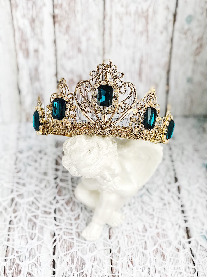 Tiara Headband Crown Bridal Wedding Gold Deep Blue Tiaras for Wedding Headpiece Crystal Queen Medieval Birthday crown adult Raw Party Dolce image 2