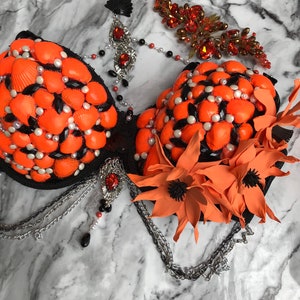 Helloween Hot Orange Mermaid Bra Shell Black Pearl Flower Crown Dance seashell Raw top costume Sea Bridal Queen Fashion Festival Birthday
