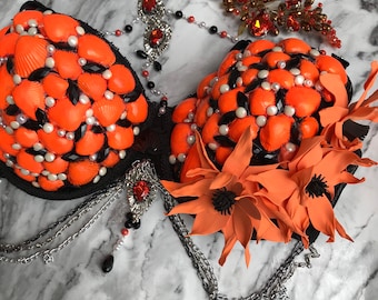 Helloween Hot Orange Mermaid Bra Shell Black Pearl Blumenkrone Tanz Muschel Rohoberteil Kostüm Meer Brautkönigin Fashion Festival Geburtstag