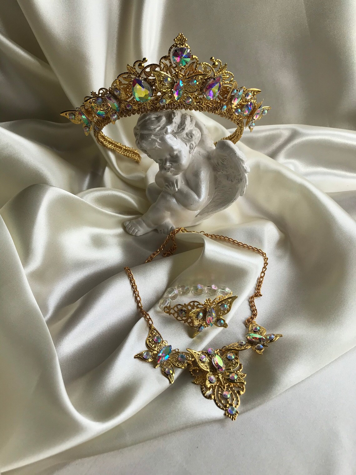 Sweet 16 Crown Tiara Gold Rainbow Jewelry Set Crystal
