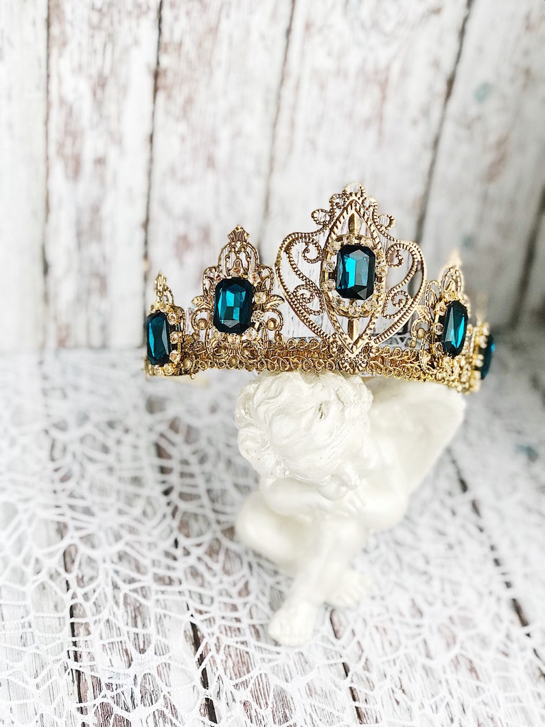 Tiara Headband Crown Bridal Wedding Gold Deep Blue Tiaras for Wedding Headpiece Crystal Queen Medieval Birthday crown adult Raw Party Dolce image 1