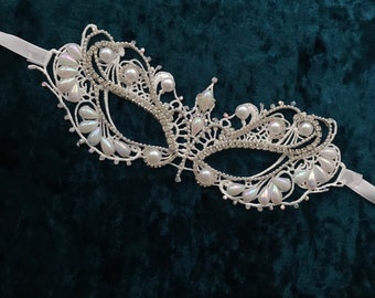 Lace Pearl Rhinestone Masquerade Venetian Mask White Wedding Mask Halloween Mask  crystal new year Xmas party Halloween stunning and noble