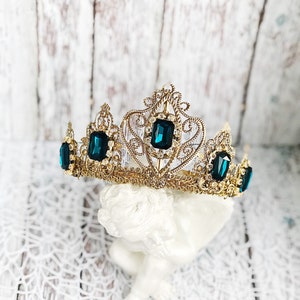 Tiara Headband Crown Bridal Wedding Gold Deep Blue Tiaras for Wedding Headpiece Crystal Queen Medieval Birthday crown adult Raw Party Dolce image 3