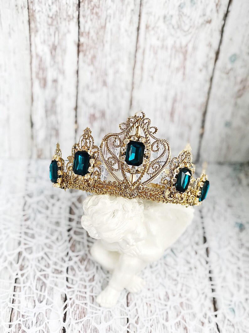 Tiara Headband Crown Bridal Wedding Gold Deep Blue Tiaras for Wedding Headpiece Crystal Queen Medieval Birthday crown adult Raw Party Dolce image 3