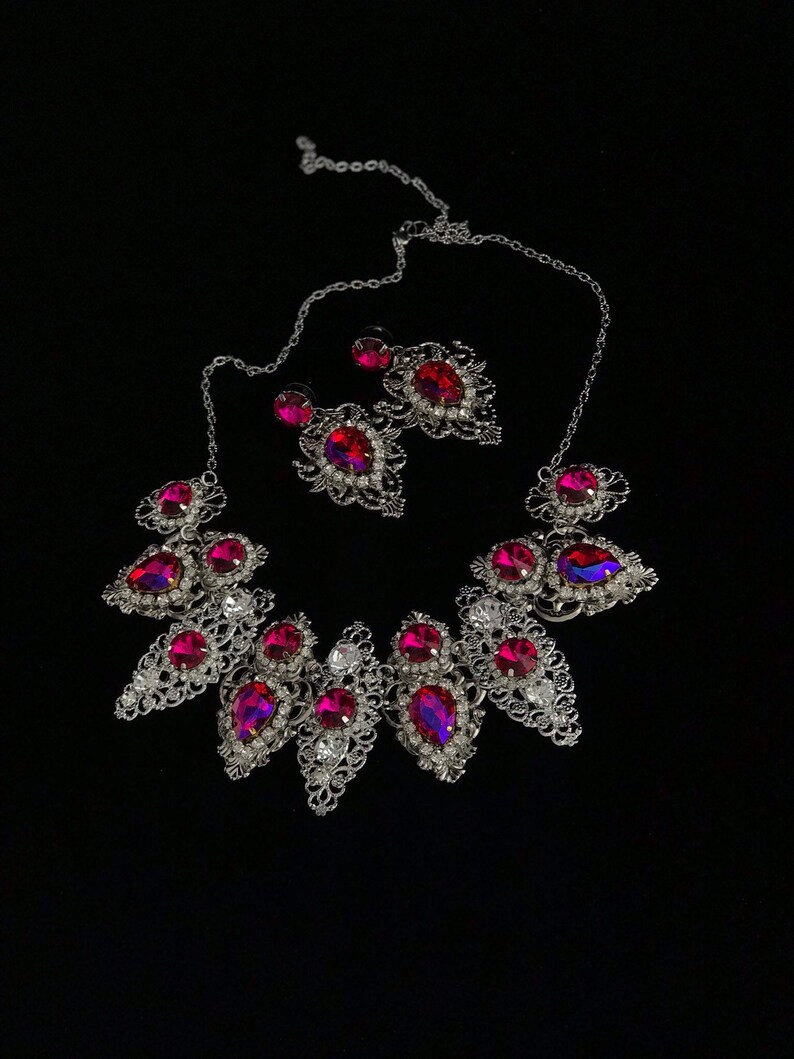 Hot Pink Crown Necklace Earrings Jewelry Set Silver Metal - Etsy