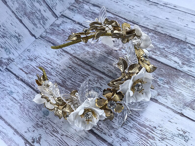 Flower 2024 gifts Wedding Crown Tiara Headband Gold Leaves White Floral Rhinestones replica Bridal Floral Rustic Bohemian pagan jewelry image 7