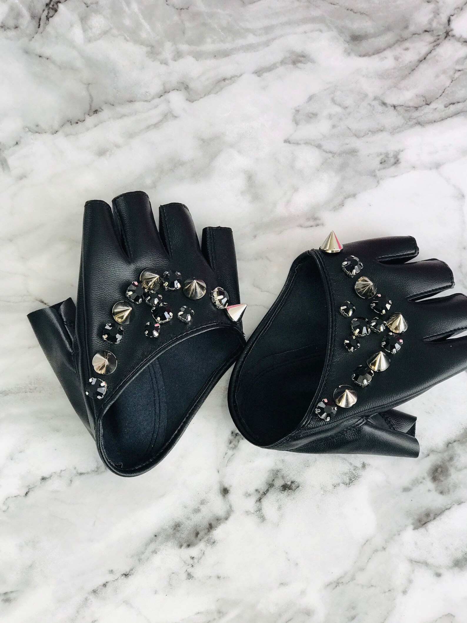 Fingerless Gloves Rhinestone Black Spikes Faux Leather Black Etsy