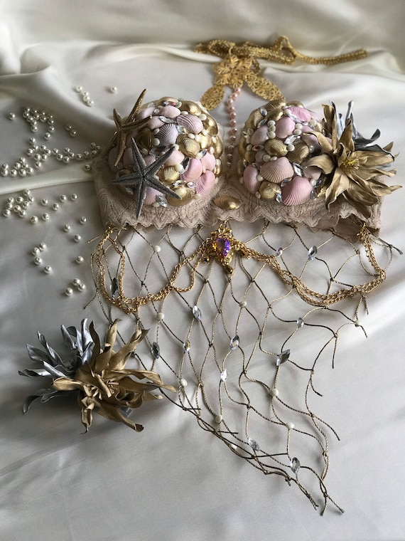 Mermaid Bra Seashell Top Siren Shell Gold Pink Dance Fishnet Star