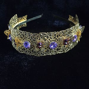 Lilac Wedding Crown Bridal Gold Filigree Tiara Swarovski Crystal headpiece Purple Large Earrings headband byzantine jewelry gold metal event image 7