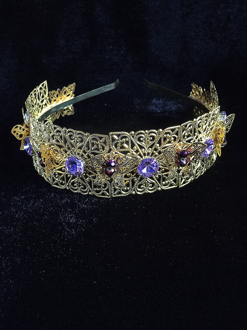 Lilac Wedding Crown Bridal Gold Filigree Tiara Swarovski Crystal headpiece Purple Large Earrings headband byzantine jewelry gold metal event image 7