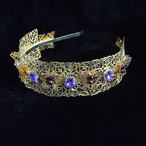 Lilac Wedding Crown Bridal Gold Filigree Tiara Swarovski Crystal headpiece Purple Large Earrings headband byzantine jewelry gold metal event image 6