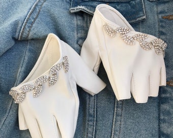 Gants de mariage blancs sans doigts feuilles strass transparents cristal simili cuir cristal pierre conduite voiture femmes mode baroque vélo nuptiale