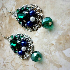 Baroque Emerald Crystals Filigree earrings handmade vintage long earrings Renaissance earrings earrings gift Green crystal earrings image 4