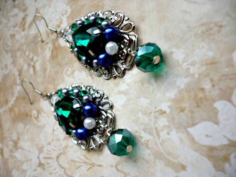 Baroque Emerald Crystals Filigree earrings handmade vintage long earrings Renaissance earrings earrings gift Green crystal earrings image 4