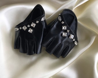 fingerless gloves rhinestone black faux leather black clear crystal x glam stone driving car women gothic fashion gloves sleeve bracelet