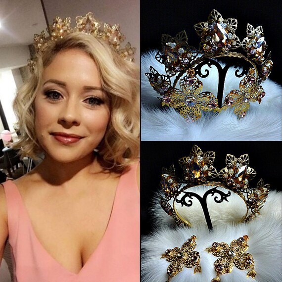 Gold Crown Earrings Gold Crystals Dolce Tiara Queen Wedding Etsy