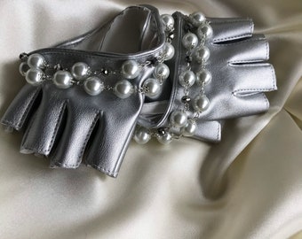 fingerless gloves pearl rhinestone silver women faux leather crystal stone driving car women beads fashion gloves sleeve bracelet decorated