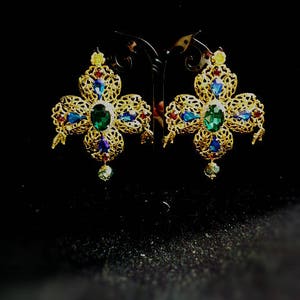 Baroque Cross Dolce Earrings Chandelier Gold Earrings Large Corss Swarovski Earrings Green Blue Red Womens Gift Byzantine Earrings Dangle image 3