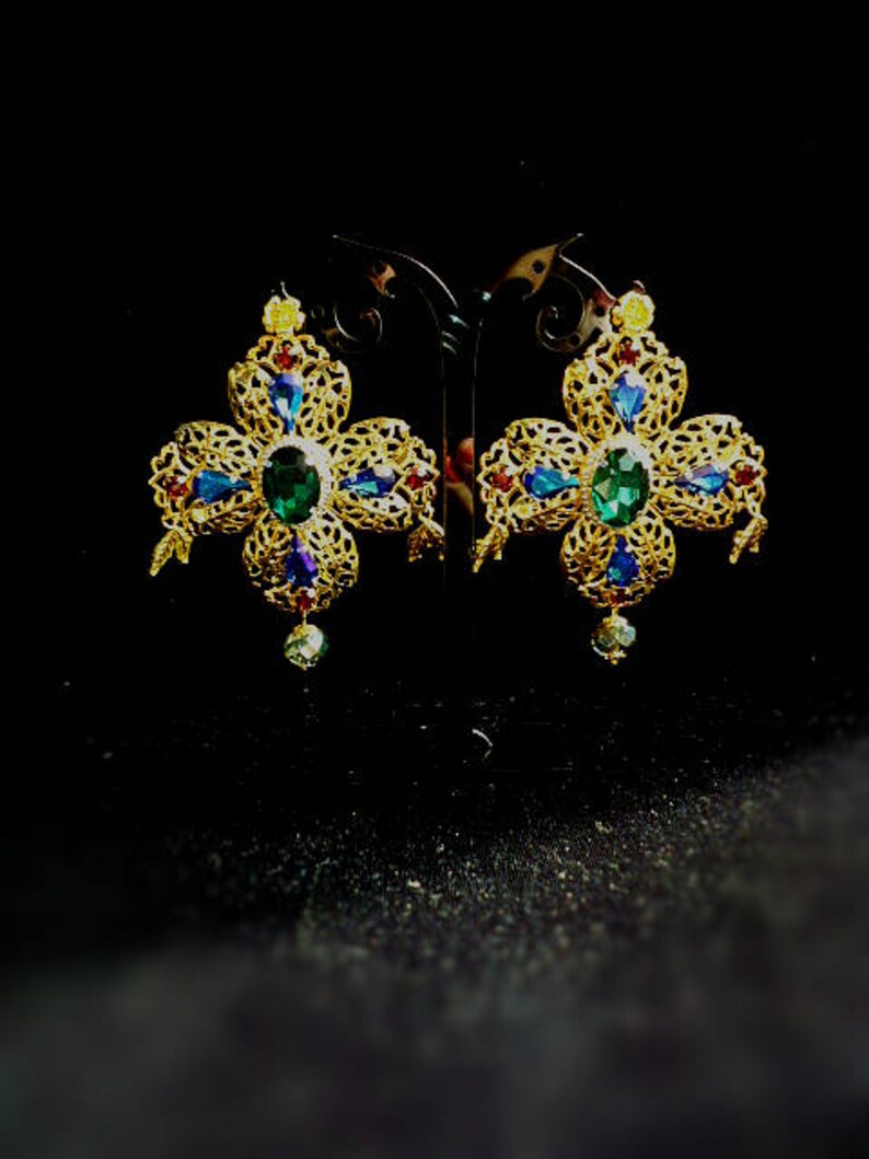 Baroque Cross Dolce Earrings Chandelier Gold Earrings Large Corss Swarovski Earrings Green Blue Red Womens Gift Byzantine Earrings Dangle image 3