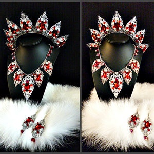 Silver Red Siam Tiara Crown and earrings Necklace Jewelry Baroque Halloween Wedding Bridal Set Gift For Wife Birthday Party dancer headdress image 1