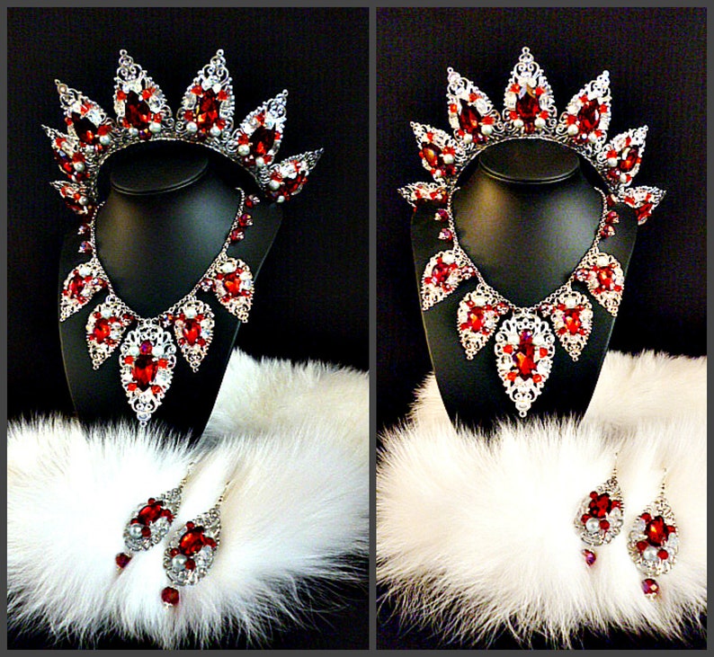 Silver Red Siam Tiara Crown and earrings Necklace Jewelry Baroque Halloween Wedding Bridal Set Gift For Wife Birthday Party dancer headdress image 1