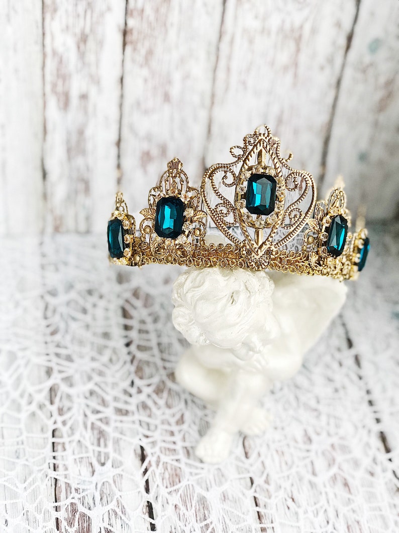 Tiara Headband Crown Bridal Wedding Gold Deep Blue Tiaras for Wedding Headpiece Crystal Queen Medieval Birthday crown adult Raw Party Dolce image 4