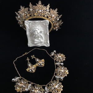Wedding gold crown headband bridal jewelry set tiara earrings necklace swarovski crystal bride filigree metal tiara rose gold rhinestone gif