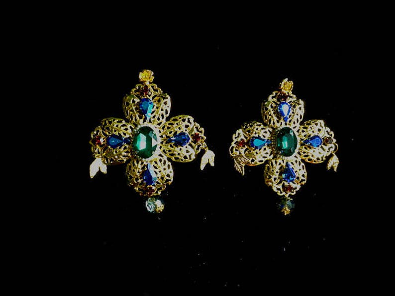 Baroque Cross Dolce Earrings Chandelier Gold Earrings Large Corss Swarovski Earrings Green Blue Red Womens Gift Byzantine Earrings Dangle image 2